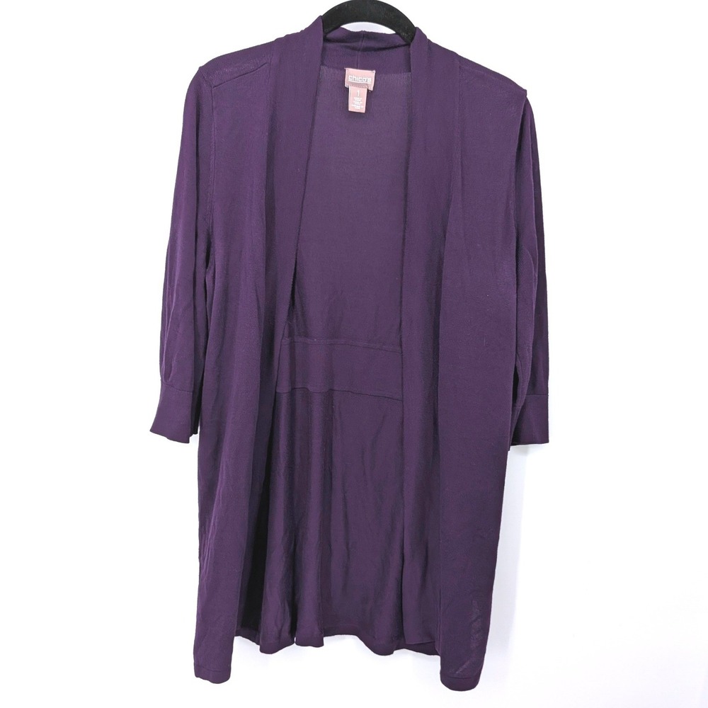 Chicos Cardigan Women Medium Purple Open Front 3/4 Sleeve Knit Office Mature